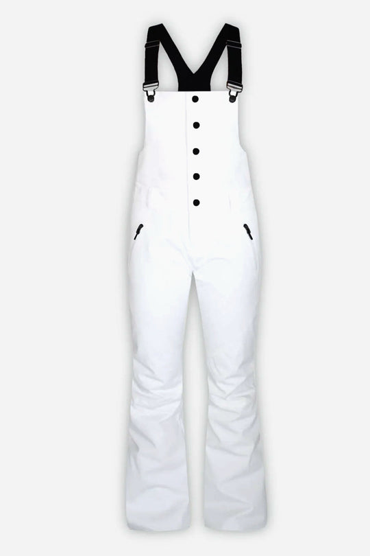 White ski pants with black suspenders on a white background