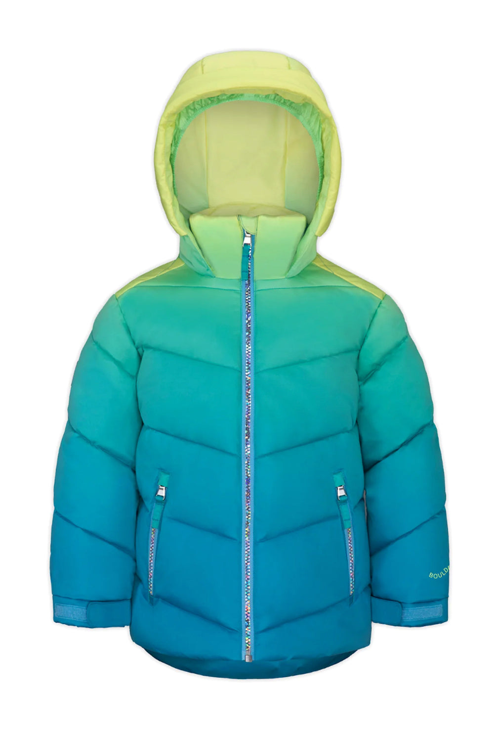 girls' Boulder Gear Penny puffy ski jacket, bright yellow , green and blue ombre