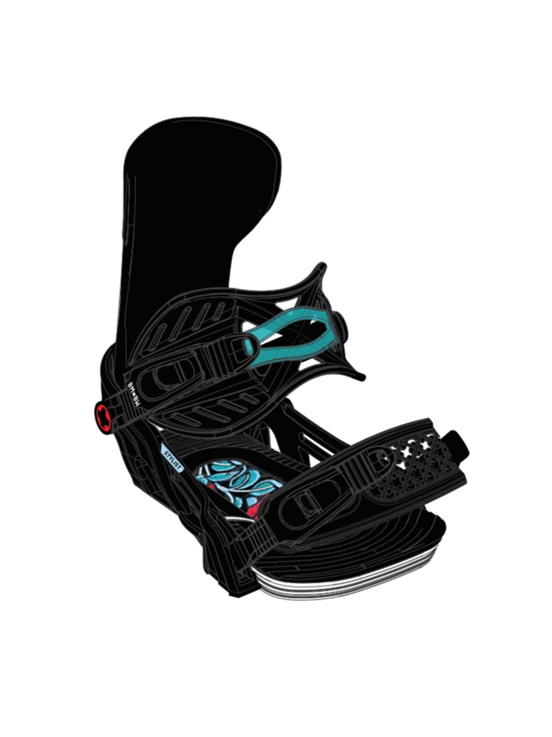 women's Bent Metal Stylist snowboard bindings, black with teal and red rose graphic