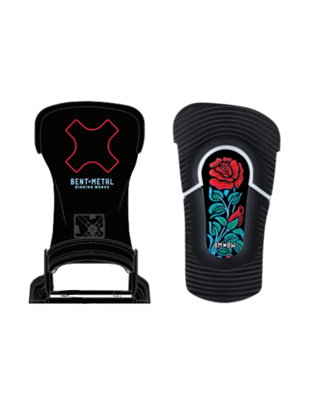 women's Bent Metal Stylist snowboard bindings, black with teal and red rose graphic