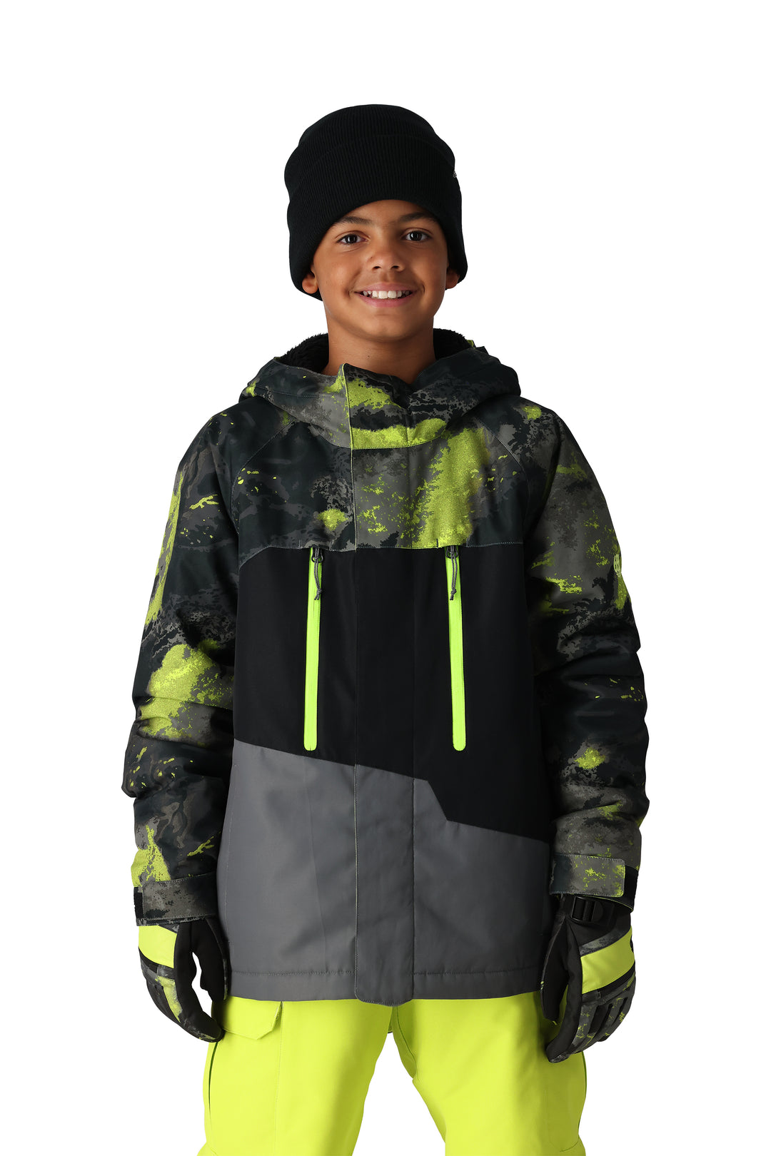 Boys' 686 Geo Snowboard Jacket, black and gray with lime green accents