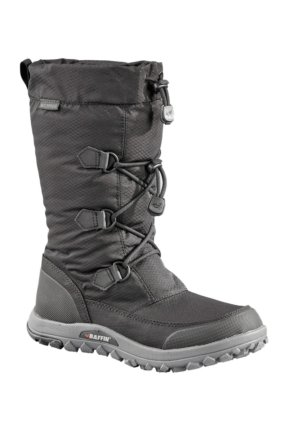 Black winter boot with gray accents on a white background