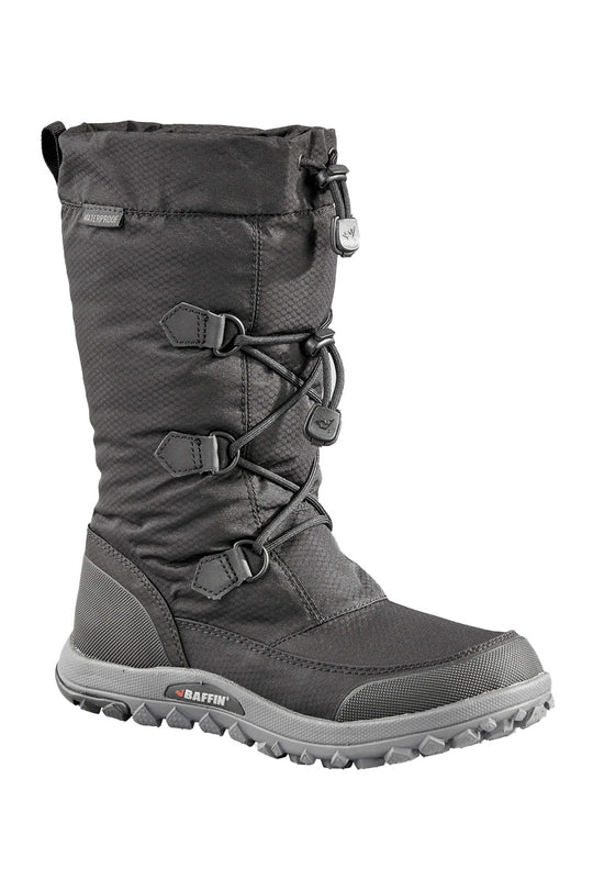 Black winter boot with gray accents on a white background