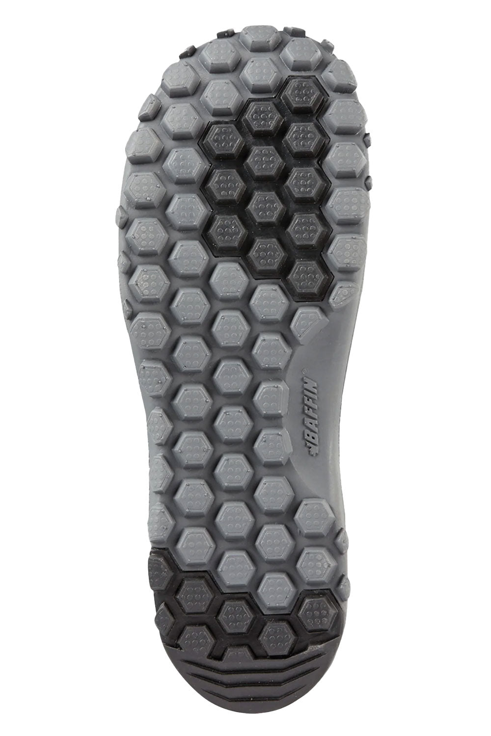 Close-up of a gray and black sole with hexagonal pattern on a white background