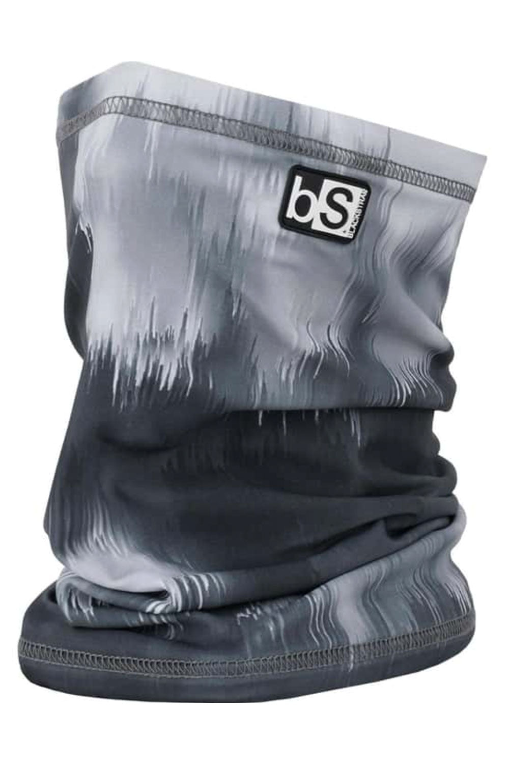 Gray neck gaiter with a brand logo on a white background