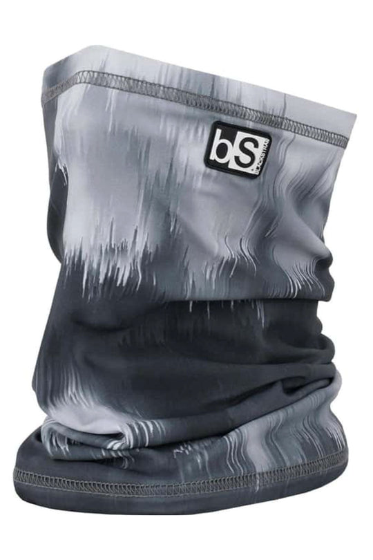 Gray neck gaiter with a brand logo on a white background