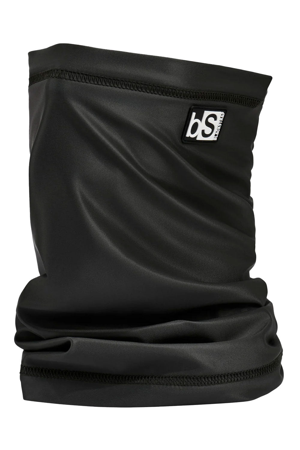 Black neck gaiter with a brand logo on a white background