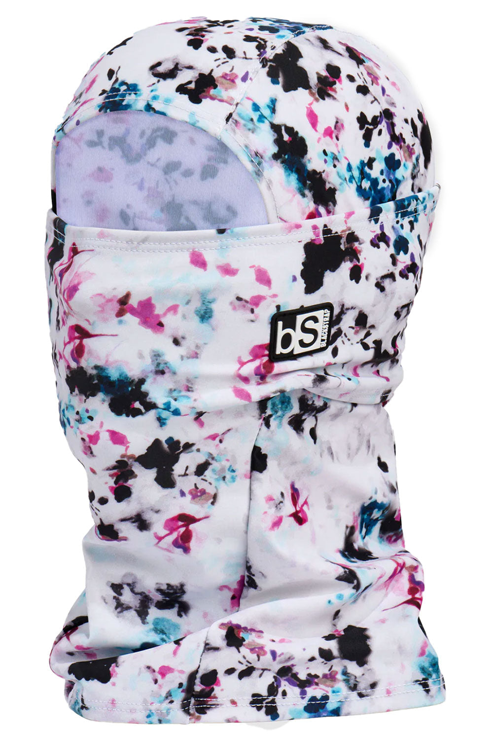 Floral-patterned balaclava with a visible brand logo on a white background