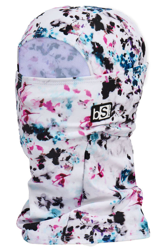 Floral-patterned balaclava with a visible brand logo on a white background