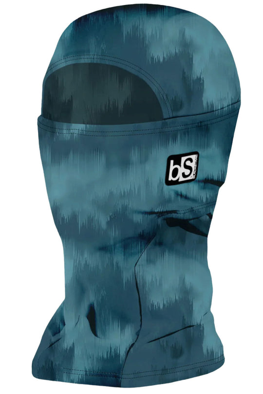 Blue camouflage balaclava with a brand logo on a white background