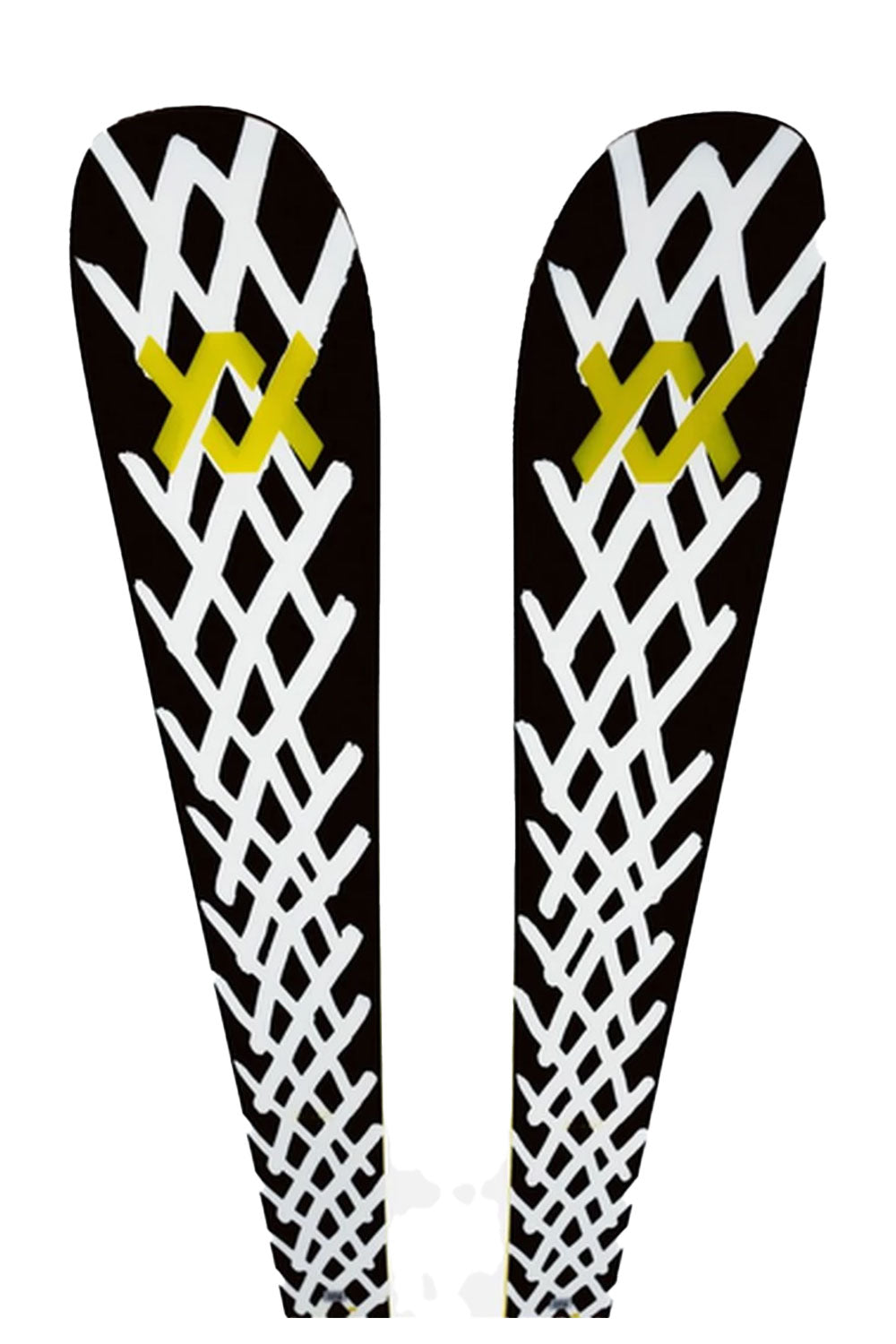 Black and white ski boots with a geometric pattern and yellow X on a white background
