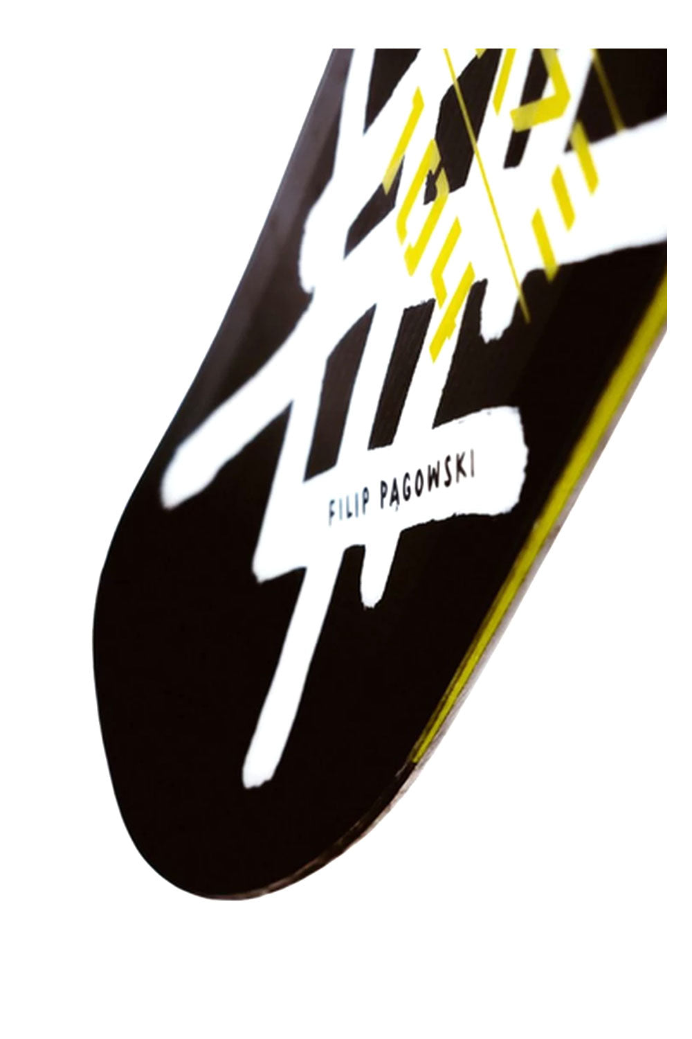Black and yellow ski tail with a brand logo on a white background