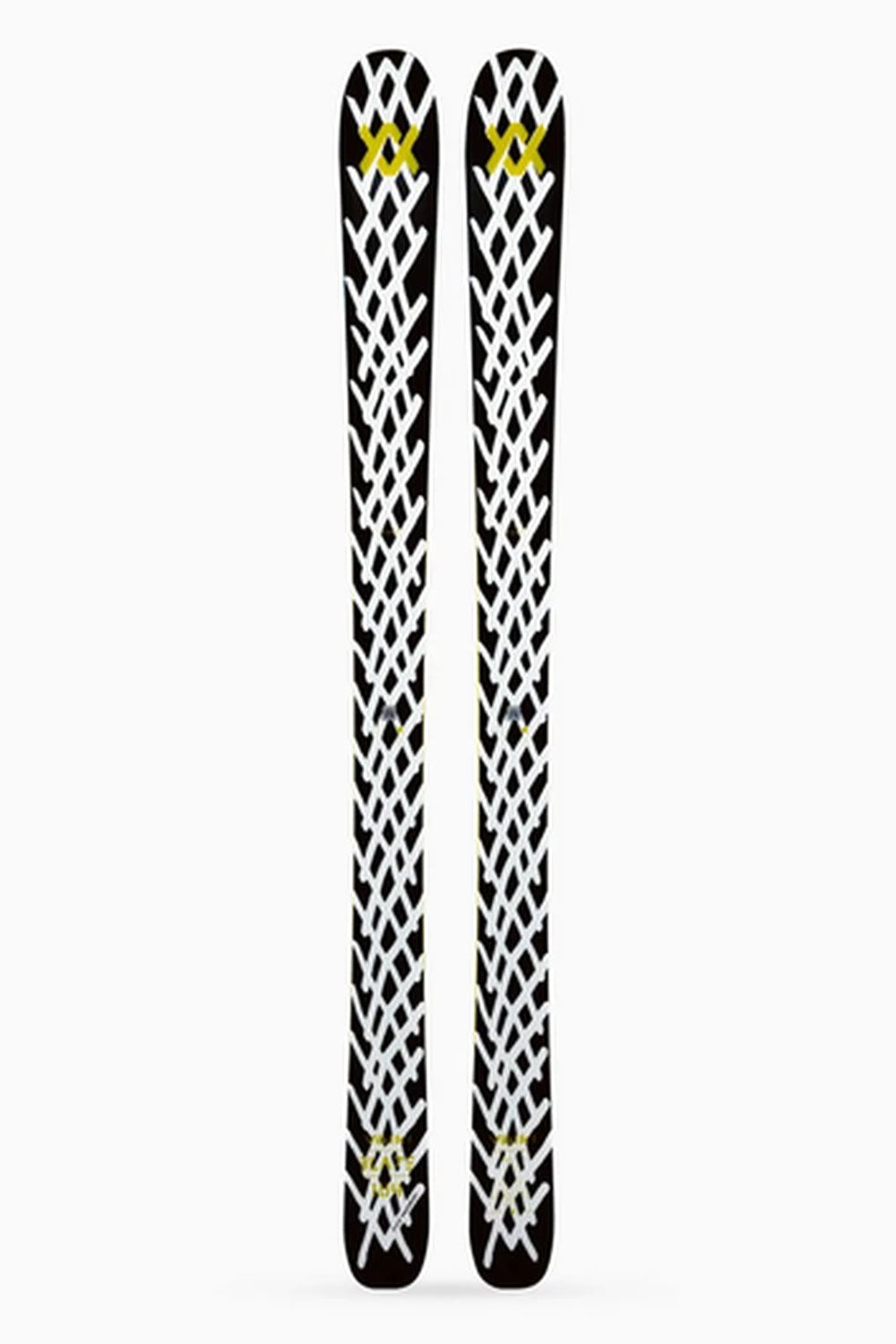 Pair of skis with a black and white pattern on a white background