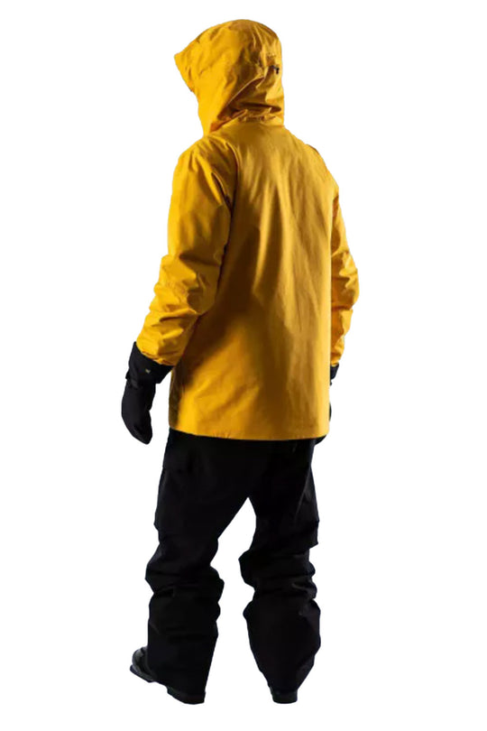 Person wearing a yellow raincoat and black pants on a white background
