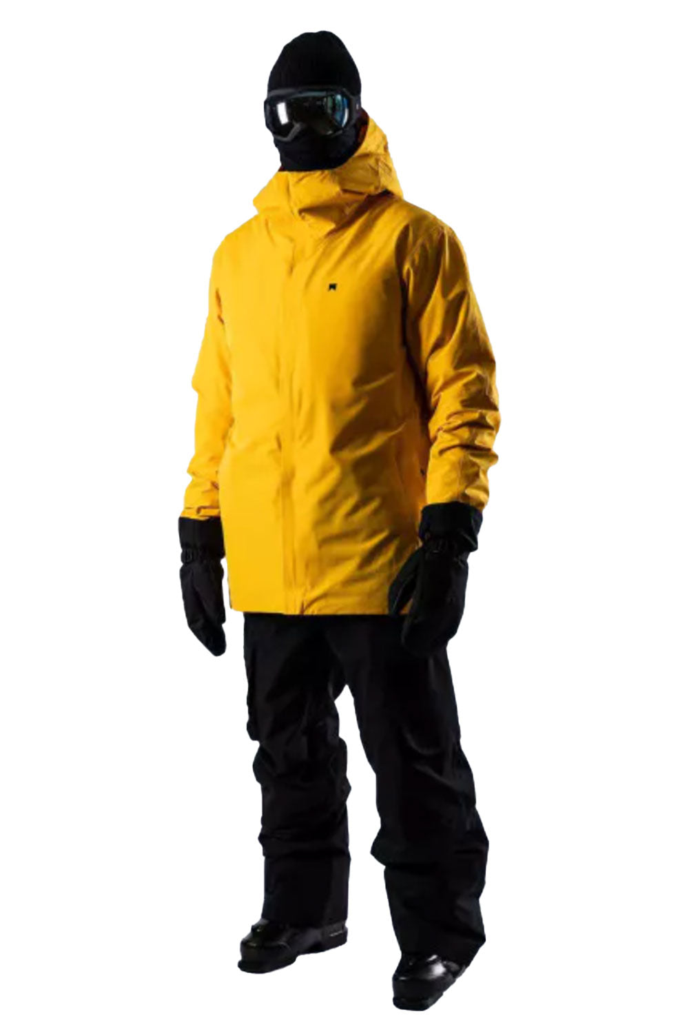 Person wearing a yellow jacket and black pants on a white background