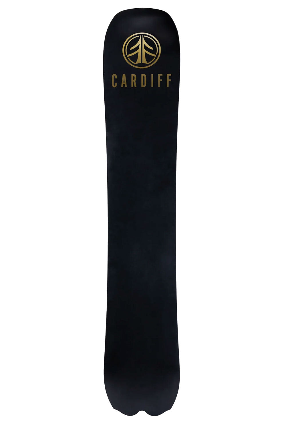 Black snowboard with 'Cardiff' branding on a white background