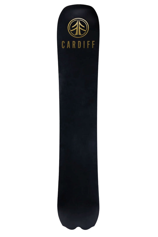 Black snowboard with 'Cardiff' branding on a white background