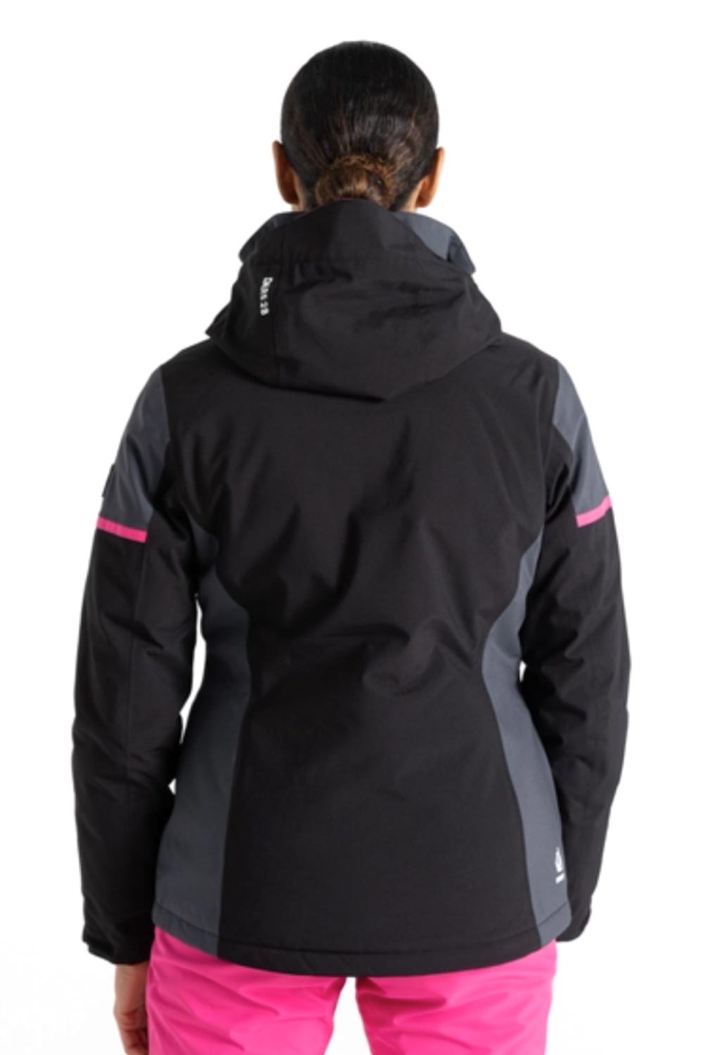 women's ski jacket, black and gray with pink accents