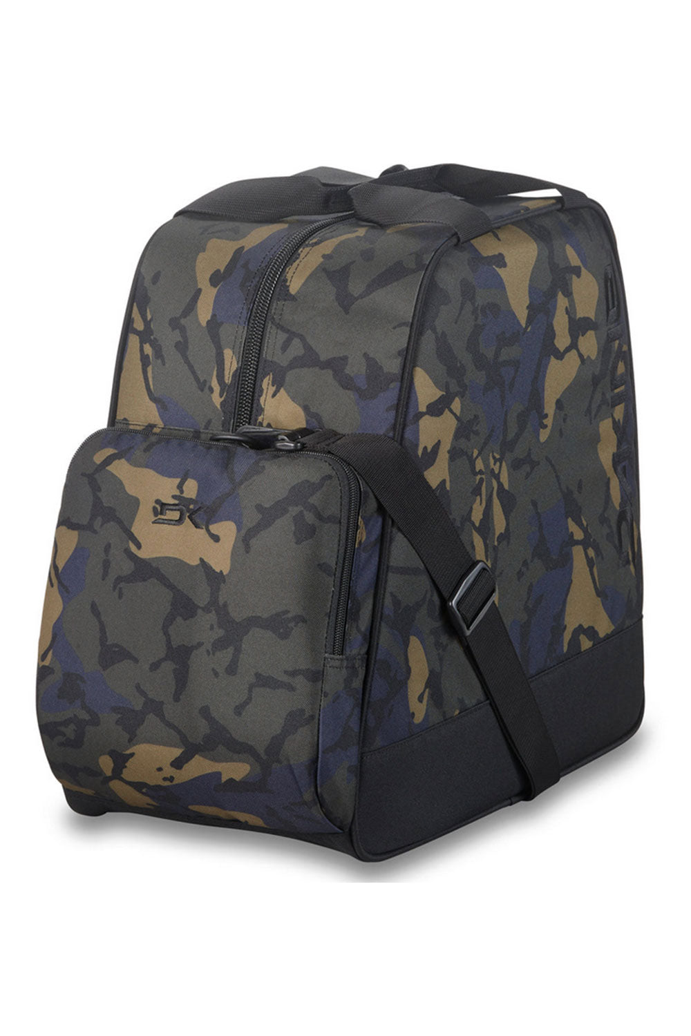 Camouflage-patterned backpack with a black strap on a white background