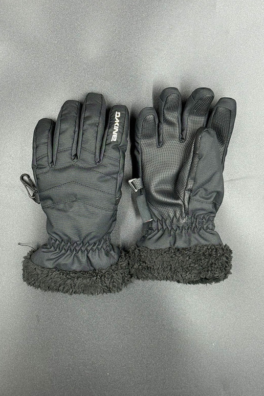 Pair of black gloves with fur lining on a gray background