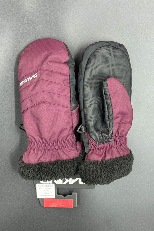 Pair of purple and black mittens on a gray background