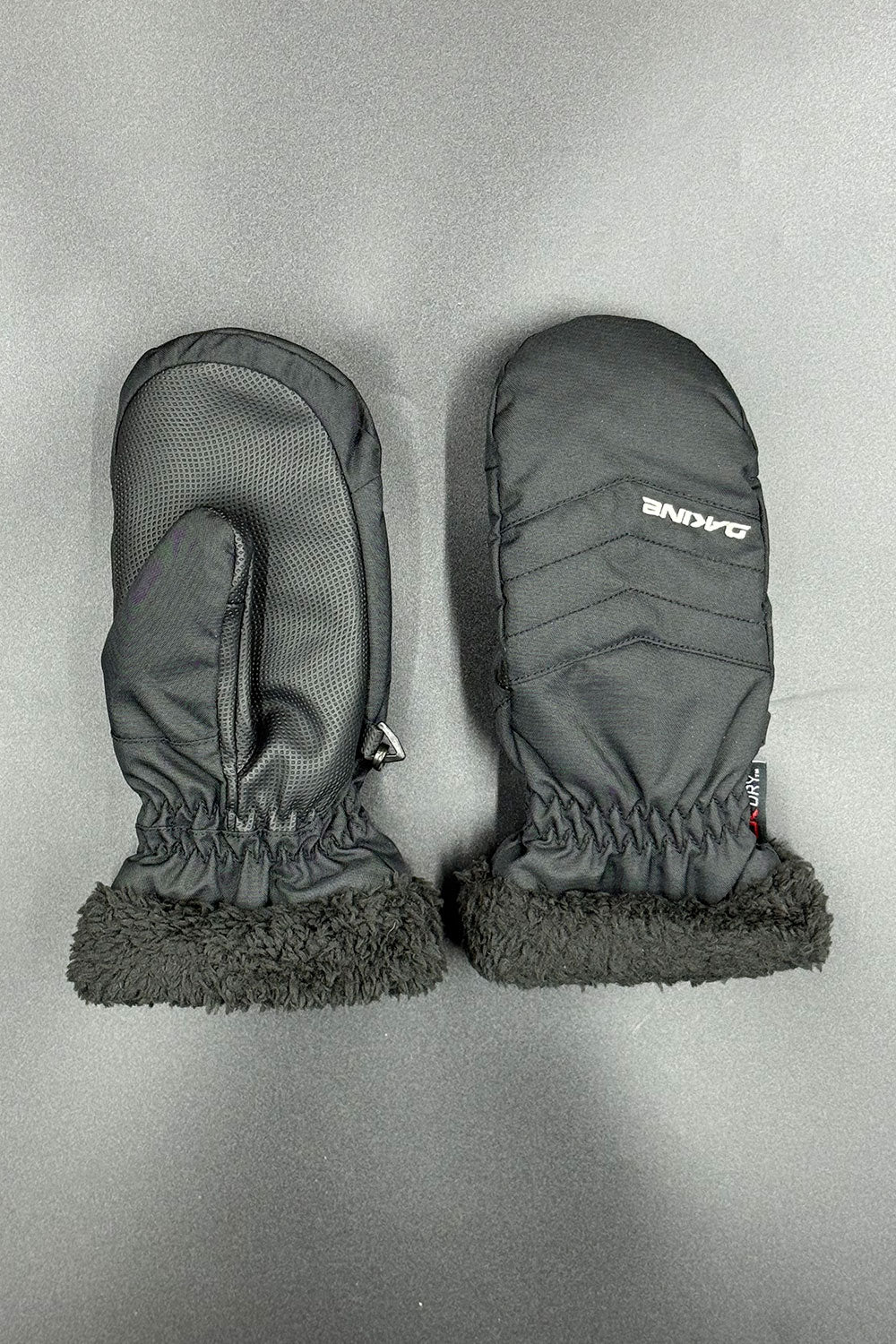 Pair of black mittens with brand logo on a light gray background