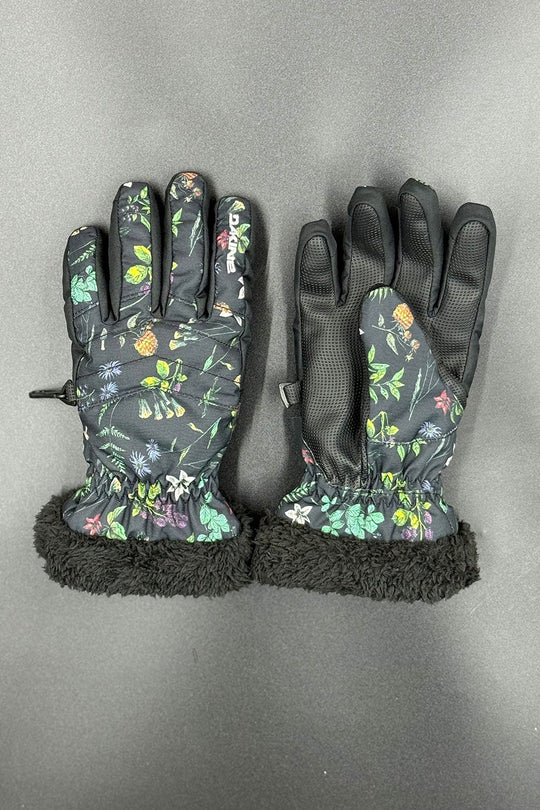Pair of floral-patterned gloves with black cuffs on a gray background
