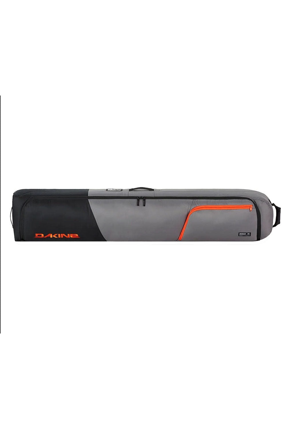 Gray and black ski bag with orange accents on a white background