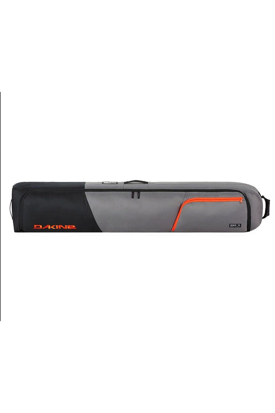 Gray and black ski bag with orange accents on a white background