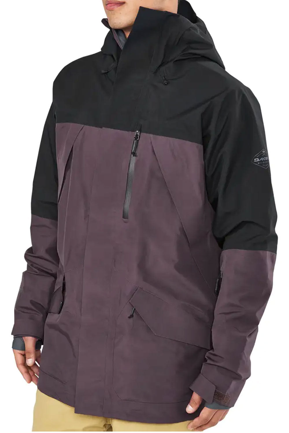 Two-tone black and purple jacket with a hood on a white background