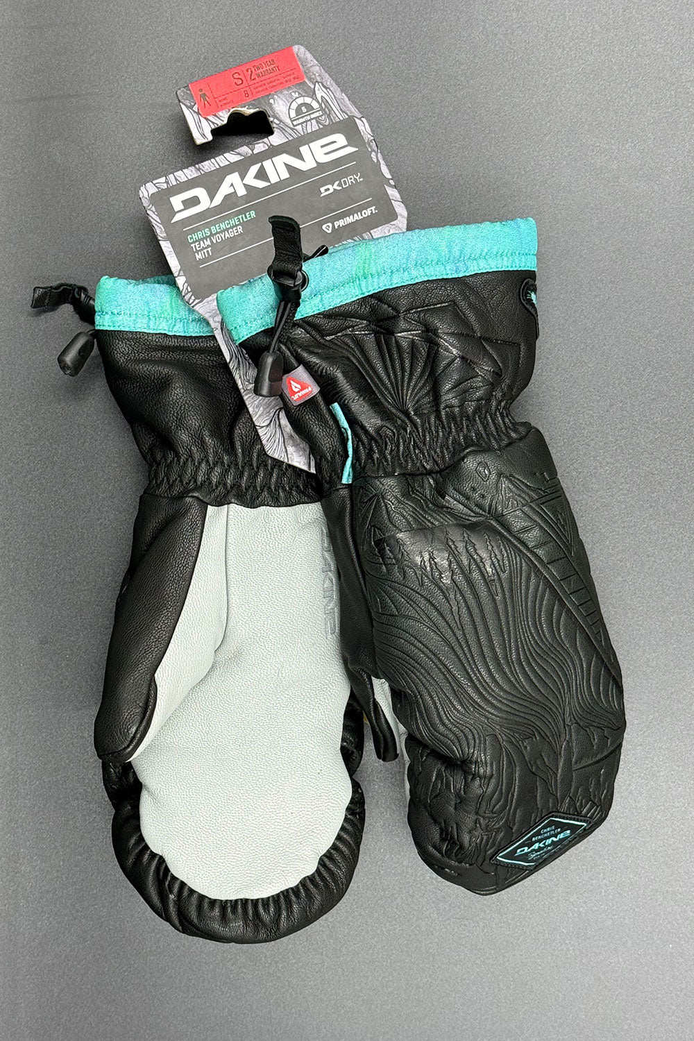 Black leather mittens with teal accents and white palm