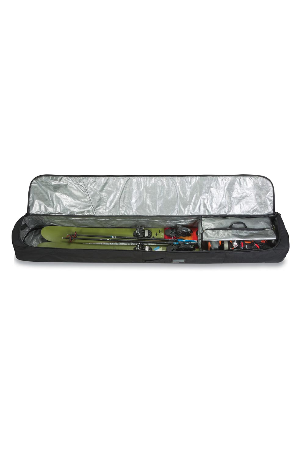 Ski and boot bag with ski and boots inside on a white background