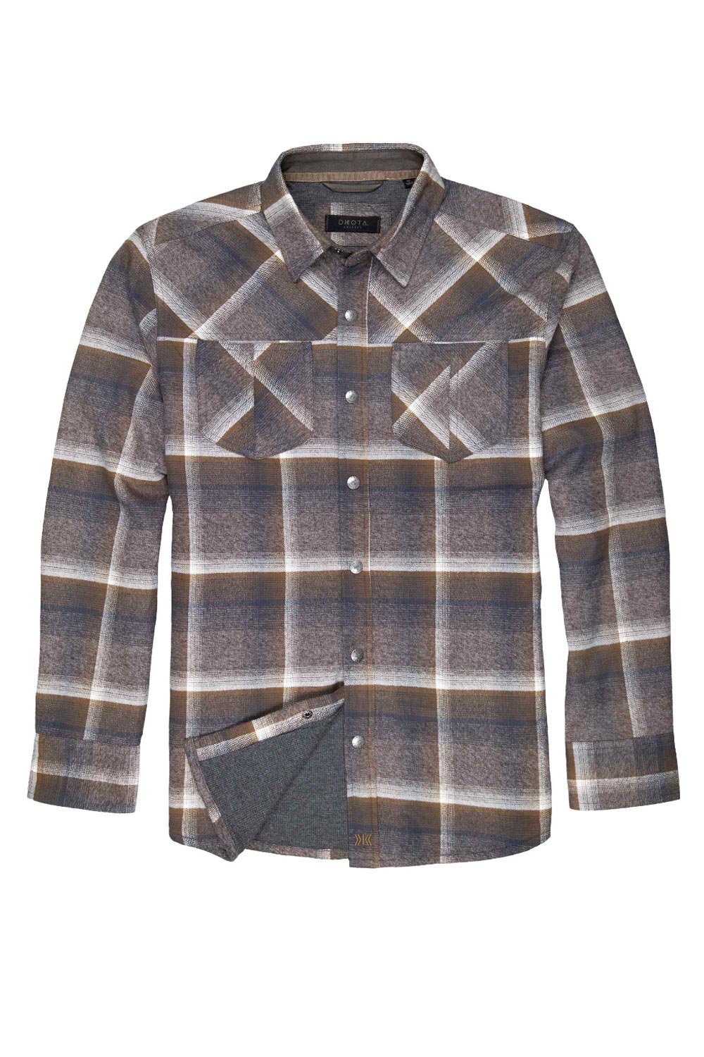 men's Dakota Grizzly flannel shirt with thermal waffle interior lining, brown, white & blue plaid pattern