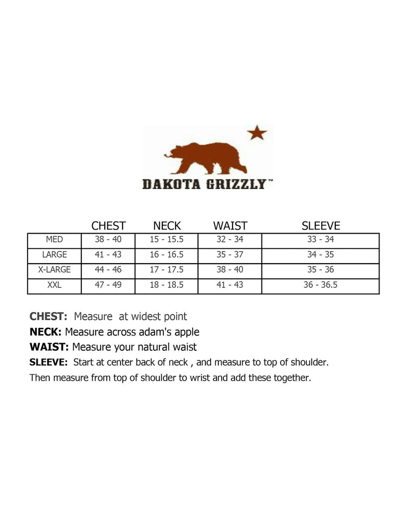 Dakota Grizzly sizing chart with bear logo on a white background