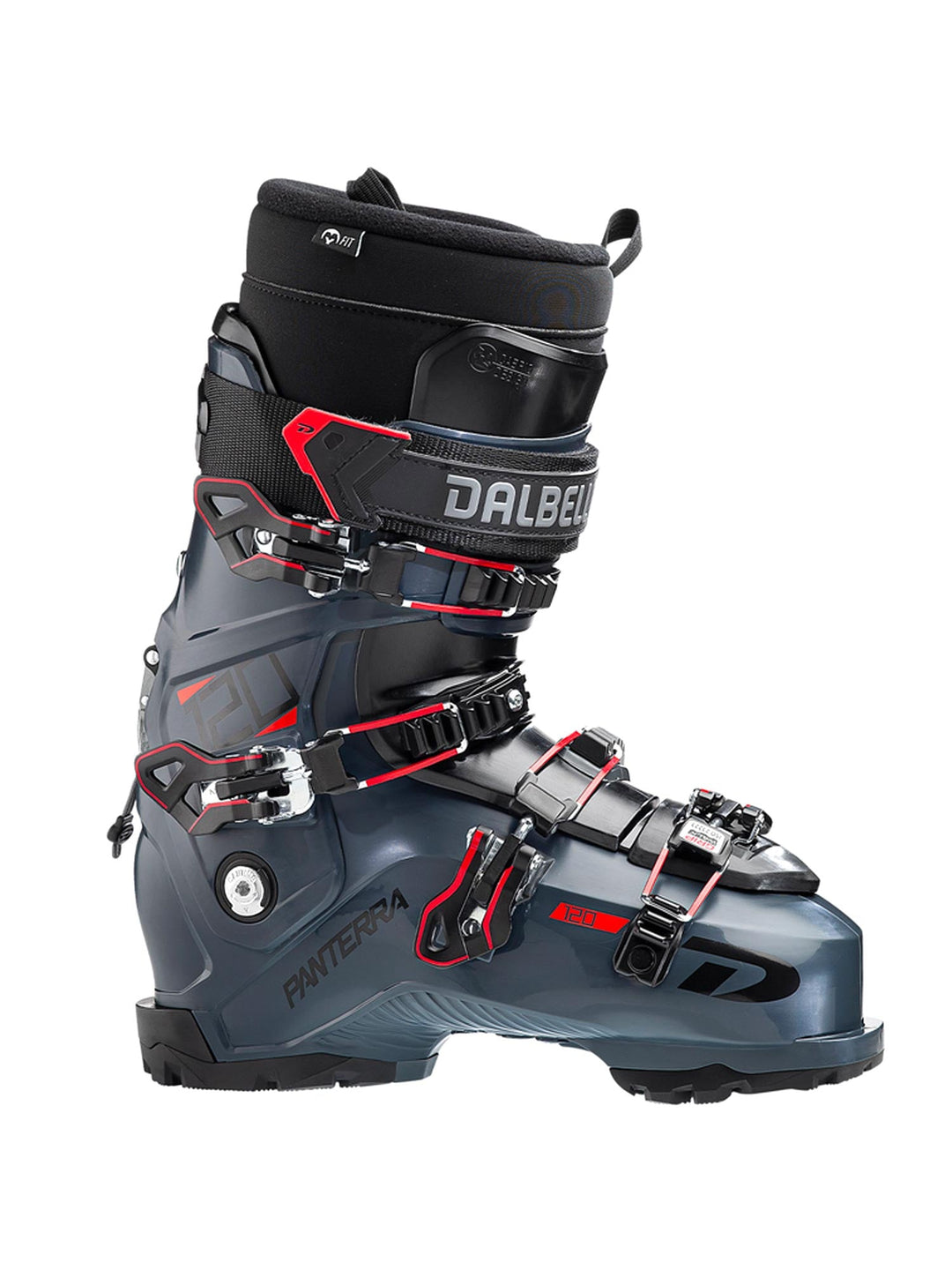 men's Dalbello Panterra 120 ski boots, blue with black and red accents