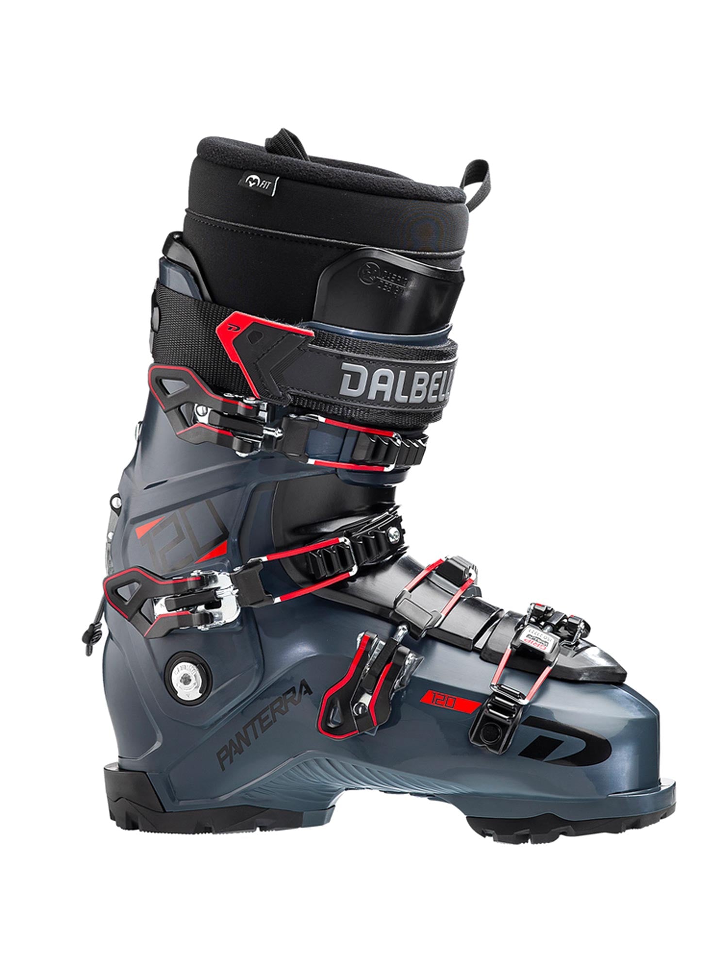 men's Dalbello Panterra 120 ski boots, blue with black and red accents