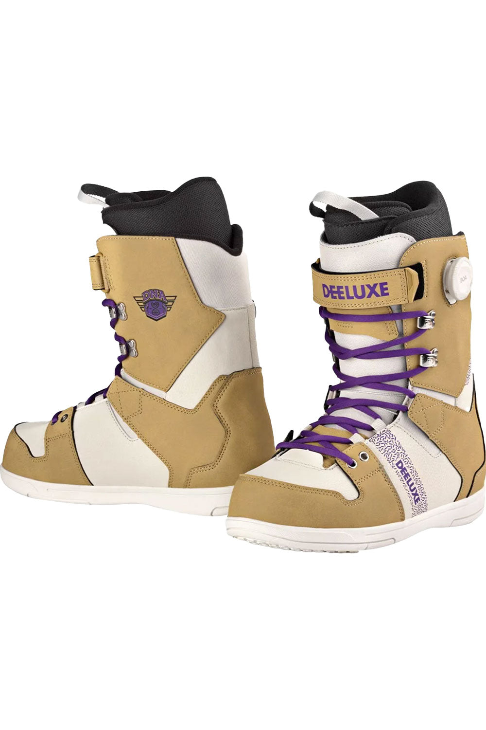 Pair of tan and white snowboard boots with purple laces on a white background