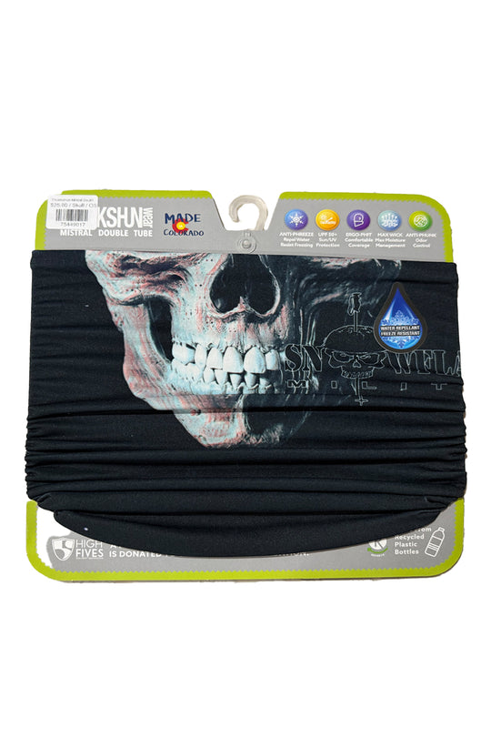 Black neck gaiter with skull design on a branded package