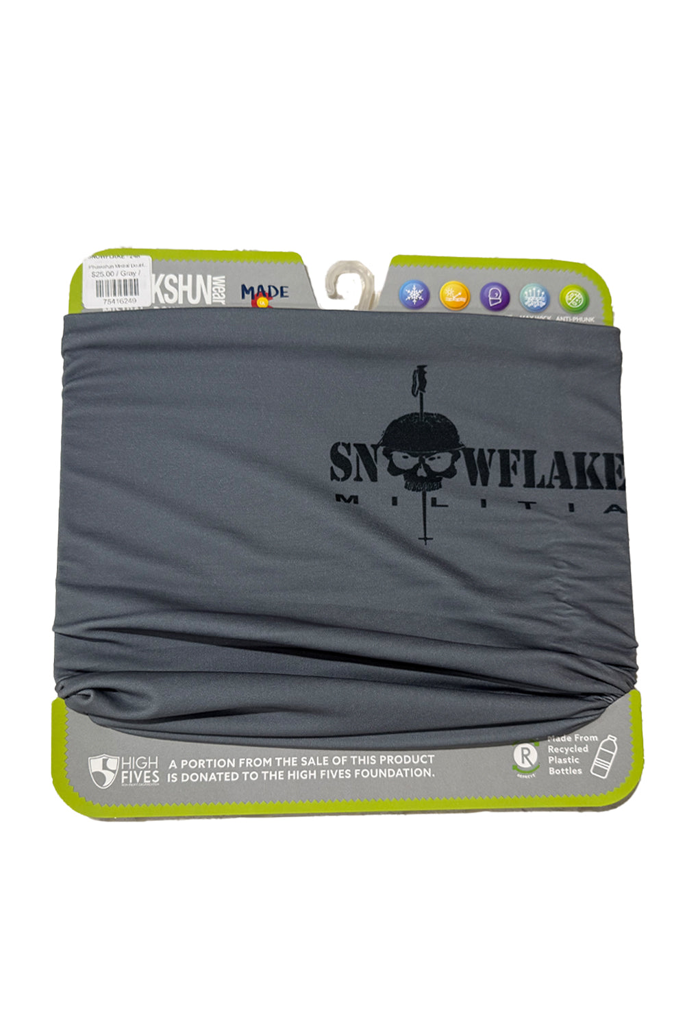 Gray neck gaiter with 'Snowflake Militia' logo on packaging