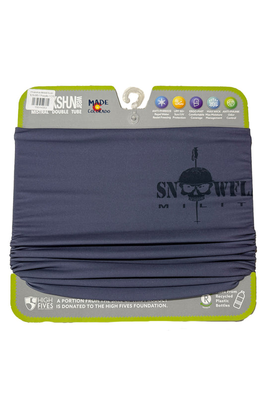 Navy blue neck gaiter with 'Snowflake Militia' logo on a green and gray package.