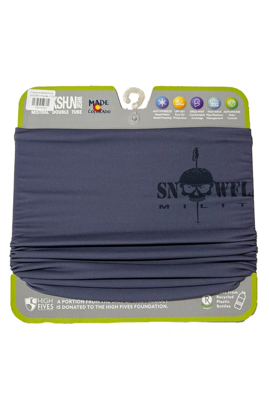 Navy blue neck gaiter with 'Snowflake Militia' logo on a green and gray package.
