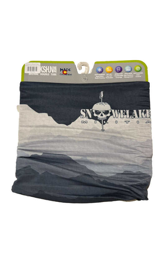 Packaged neck gaiter with skull design and brand logo on a white background