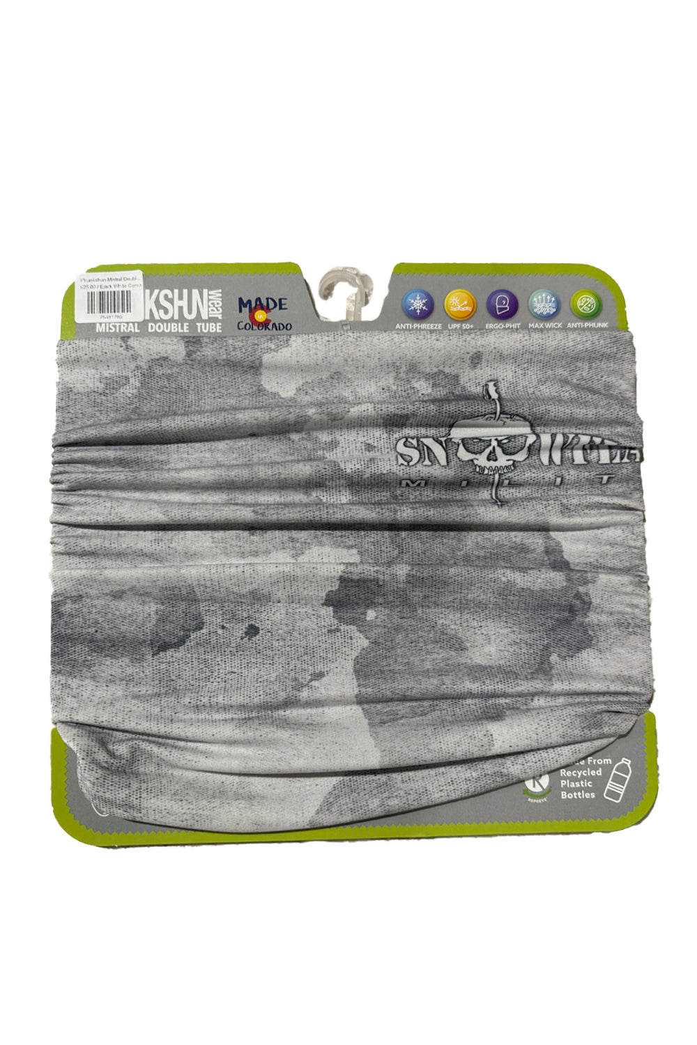 Gray camouflage neck gaiter with brand labels on a white background