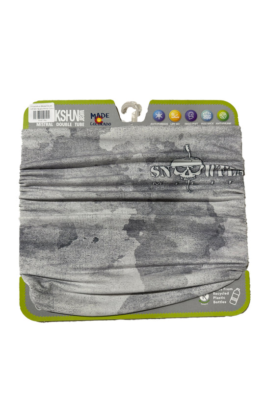 Gray camouflage neck gaiter with brand labels on a white background