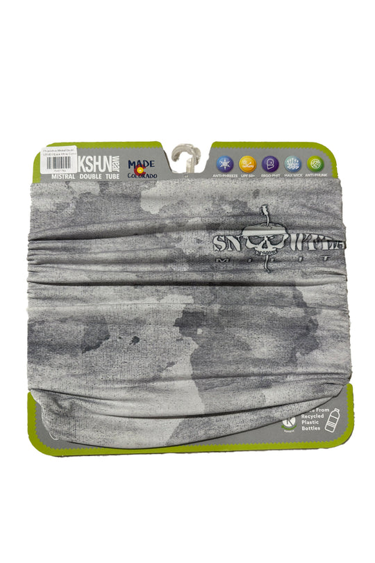 Gray camouflage neck gaiter with brand labels on a white background