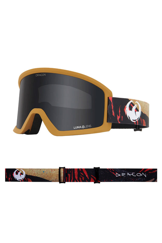 Dragon ski goggles with a colorful strap on a white background