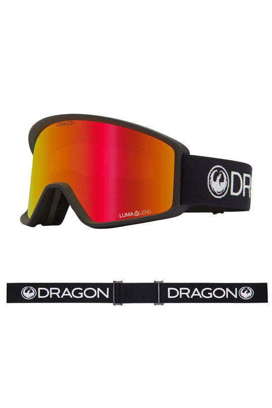 Dragon ski goggles with red lens and black frame on a white background