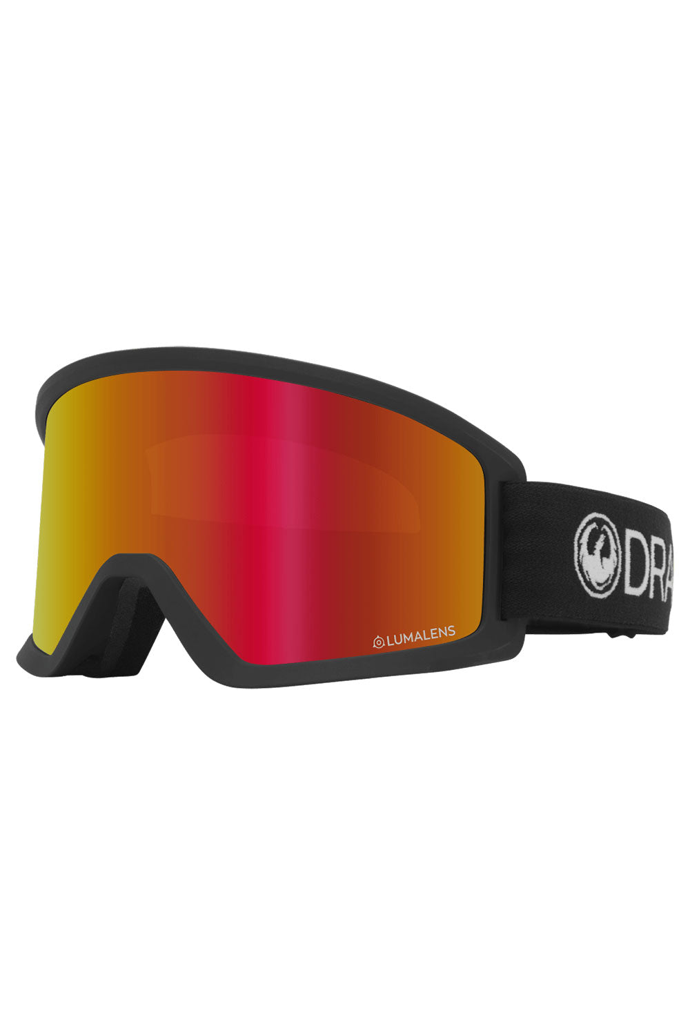 Black ski goggles with red and orange lens on a white background