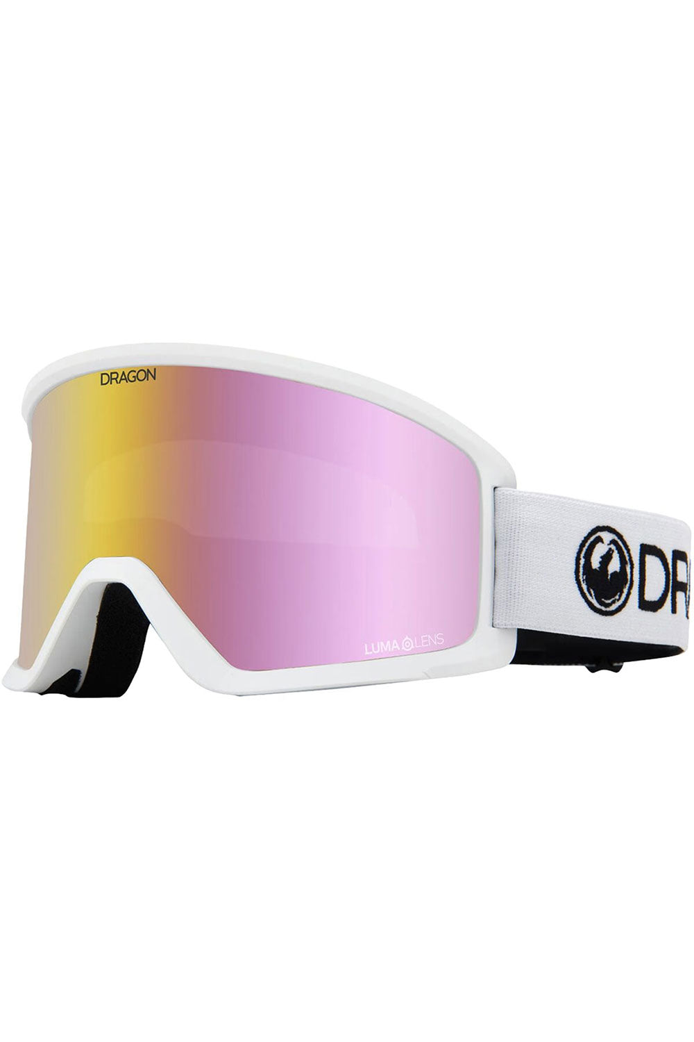 White goggles with pink lens on a white background