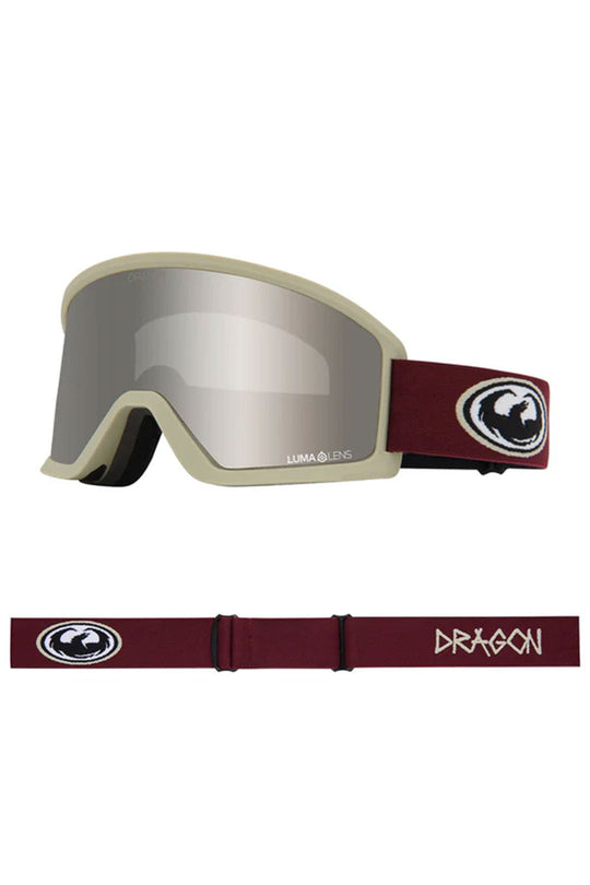 Dragon snow goggles with beige frame and red strap on a white background